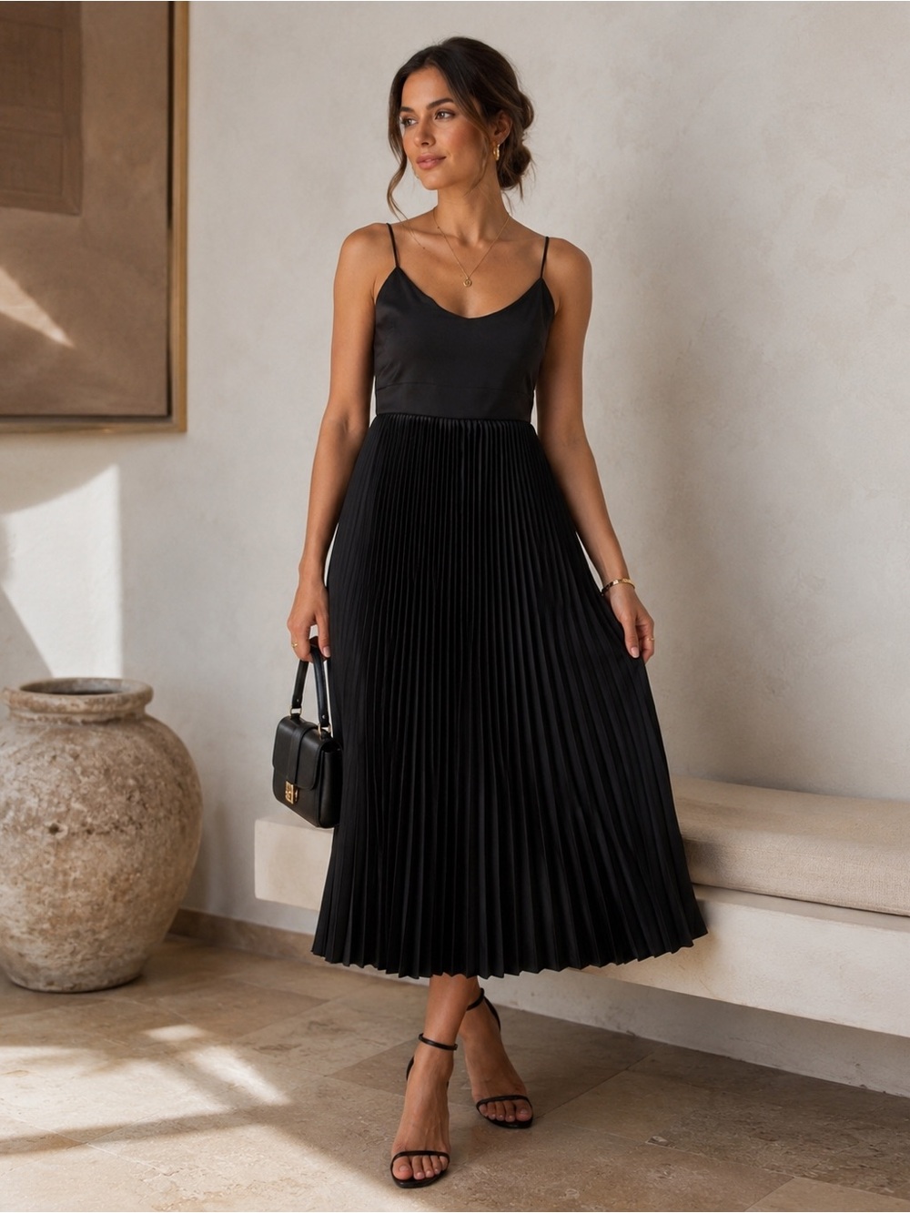Black Pleated Satin Dress NWT